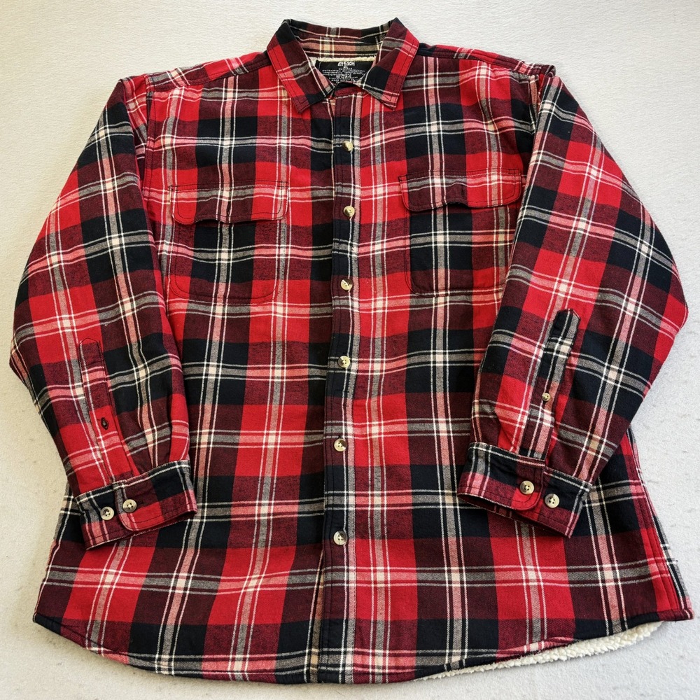 AZUR Flannel Shirt Jacket Mens XL Red Black Plaid Sherpa Lined Shacket Casual